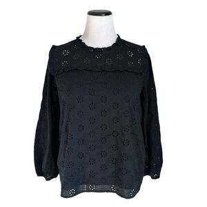 J. Crew High Neck Eyelet Cotton Blouse Lined Ruffled Neckline Elastic Sleeves M